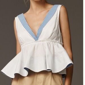 ANTHROPOLOGIE Maeve Sleeveless V-Neck Peplum Hem Babydoll Top White Size XL NEW
